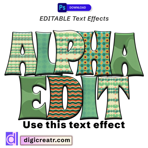 Editable Retro Patterned Text Effect - Groovy Alphabet Photoshop PSD - Digital Download Custom Lettering